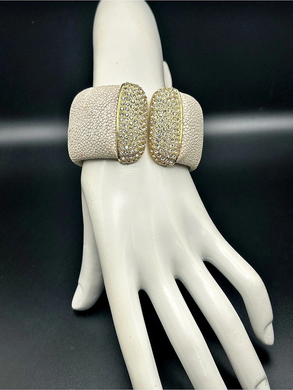PJM Textured Rhinestone Cuff Bracelet in White & Gold Like New